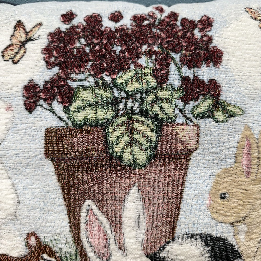 Bunny Rabbit Throw Pillow Soft Tapestry Floral Spring Summer Garden 16x16 Blue - Picture 3 of 10
